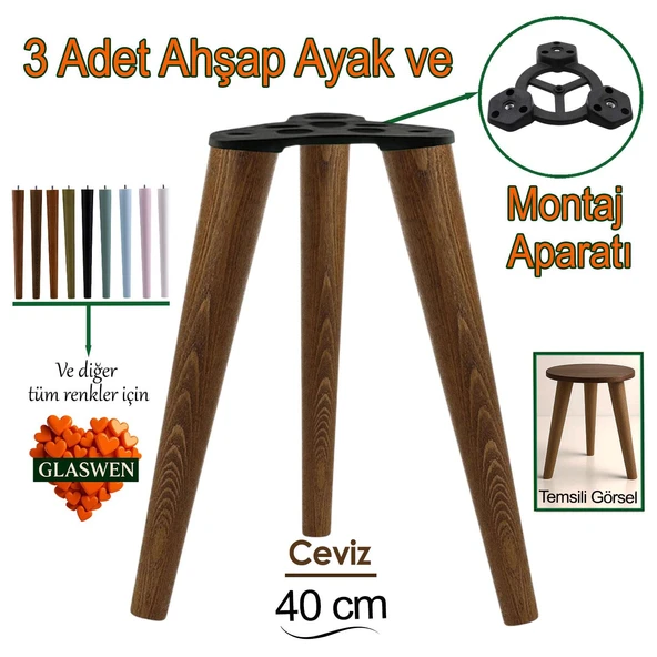 3 Adet Ahşap Ayak 40 Cm Ceviz M8 Civatalı Bağlantı Aparatlı Mobilya Tabure Sehpa Masa Destek Ayağı ürün görseli 1