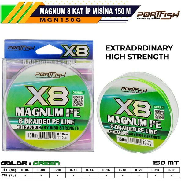 Portfish Magnum 8 Kat İp Misina 150 mt Yeşil ürün görseli 1