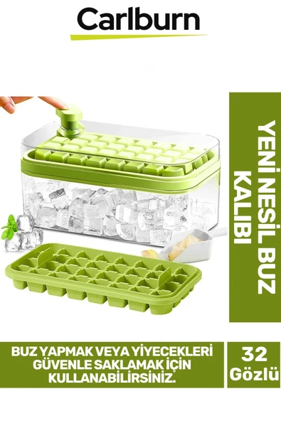 Yeni Nesil Düğmeli Basmalı Çift 32 Yuvalı Buz Küpü Kalıbı Saklama Kutulu ürün görseli 1