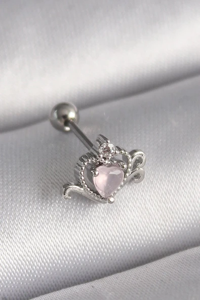 316L Çelik Gümüş Renk Pembe Mineli Kalp Zirkon Taş Detay Tragus Piercing EB-53-vice/(1395) 0990 ürün görseli 1