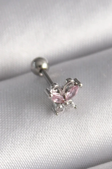 316L Çelik Gümüş Renk Pembe Zirkon Taşlı Kelebek Tragus Piercing EB-53-vice/(1395) 0978 ürün görseli 1