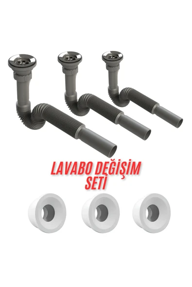 DESIPHON 3 Adet Gri Lavabo Sifonu ve Conta Seti – Komple Ev Lavabo Değişim Seti Yüksek Kalite ürün görseli 1