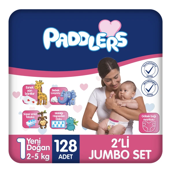 Paddlers Bebek Bezi 1 Numara Yenidoğan 128 Adet (2-5 Kg) 2'li Jumbo Set ürün görseli 1