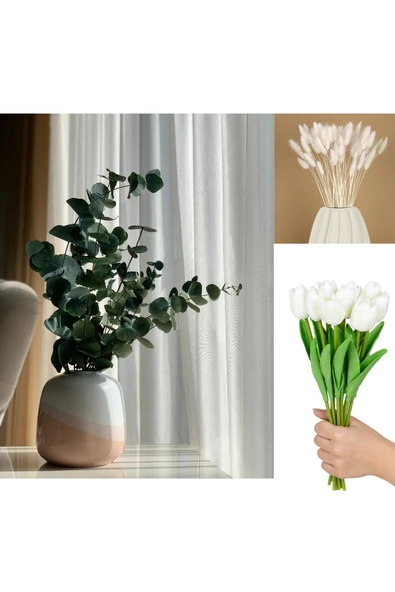 Dekoratif 3’lü Set: 8’li Yapay Lale Demeti + Okaliptus Demeti + 3’lü Pamuk Otu – Salon & Masa Çiçek Aranjmanı ürün görseli 1