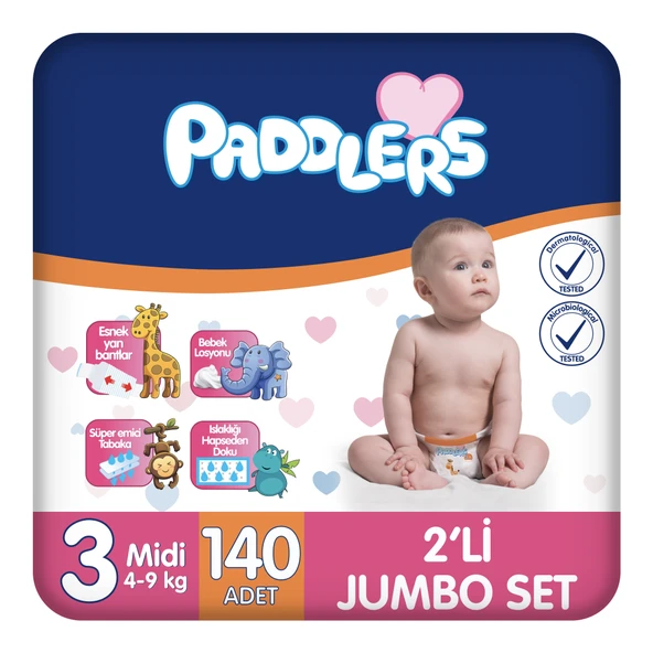 Paddlers Bebek bezi 3 Numara Midi 140 Adet (4-9 Kg) 2'li Jumbo Set ürün görseli 1