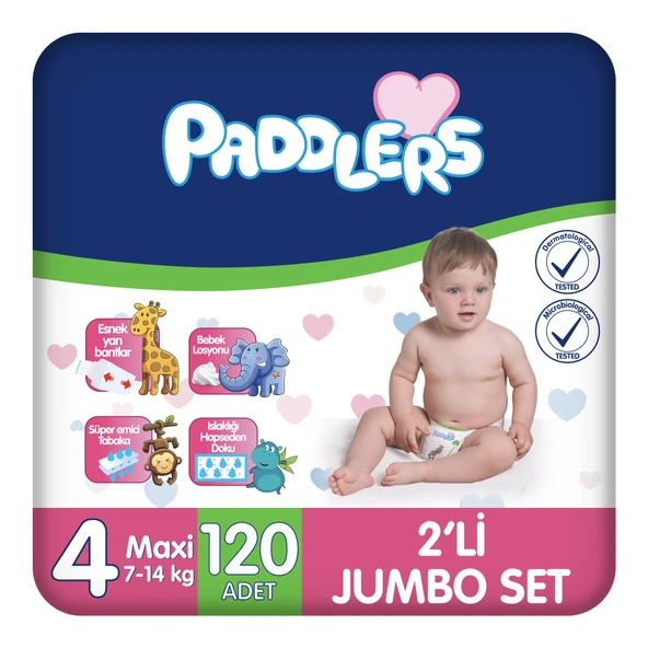Paddlers Bebek Bezi 4 Numara Maxi 120 Adet (7-14 Kg) 2'li Jumbo Set ürün görseli 1
