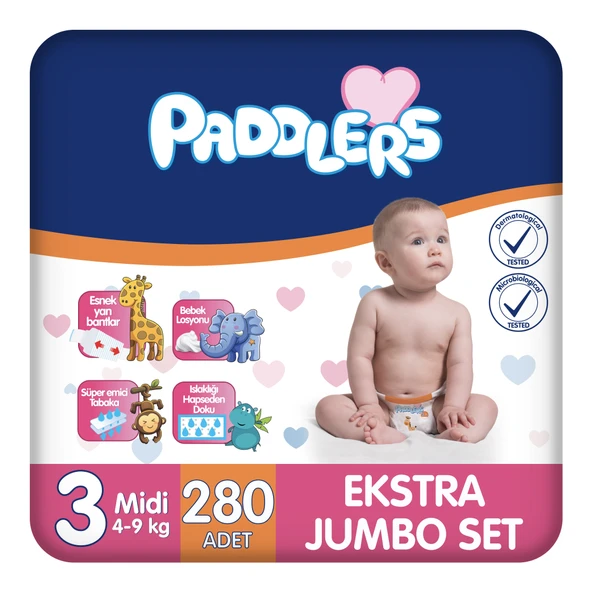 Paddlers Bebek bezi 3 Numara Midi 280 Adet (4-9 Kg) Ekstra Jumbo Set ürün görseli 1