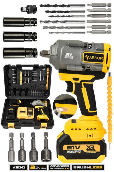 21V 1100 NM Torklu Çift Akülü 10 Pilli 1/2 Sarı Şarjlı Somun Sıkma Sökme Makinesi ürün görseli 1