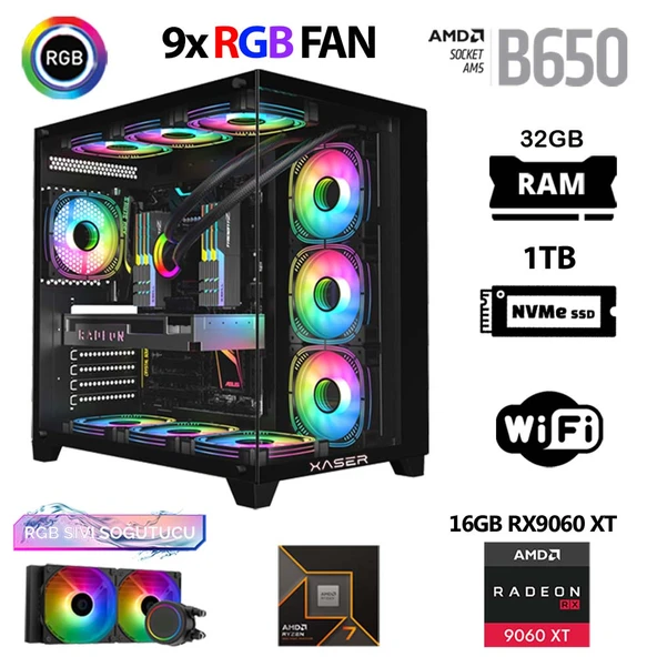Xaser Lexus x790 Ryzen 7 9800X3D 32GB DDR5 Ram 1TB M.2 NVMe SSD 16GB RX9060 XT Sıvı Soğutmalı Oyuncu Tavsiye Sistem ürün görseli 1