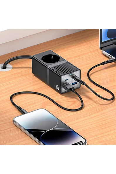 Akım Korumalı USB Type-C Priz Uzatma Kablosu Çok Amaçlı Şarj Cihazı Çoklu Priz 1.5M 2500W 65W OUTPUT ürün görseli 1