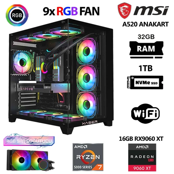 Xaser Lexus x740 Ryzen 7 5700x 32GB Ram 1TB M.2 NVMe SSD 16GB RX9060 XT Sıvı Soğutmalı Masaüstü Hazır Sistem ürün görseli 1