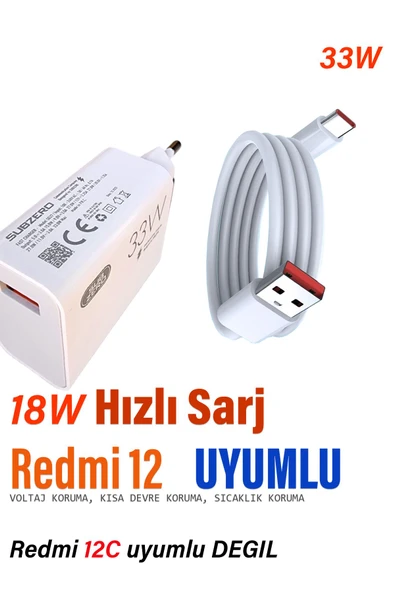 Xiaomi Redmi 12 Uyumlu Hızlı Şarj Aleti ve Kablosu Hızlı Şarj Cihazı 33W ürün görseli 1
