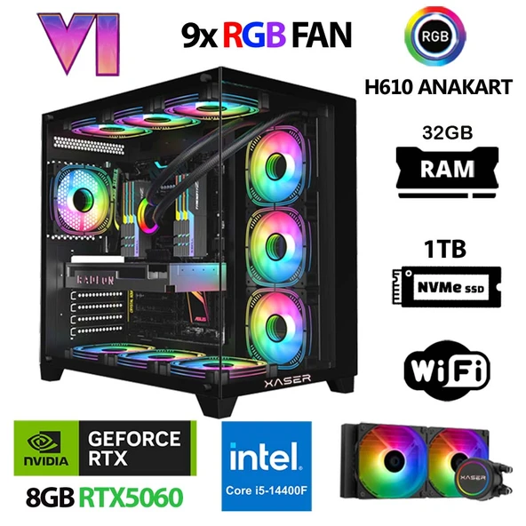 Xaser Sword X170 i5 14400F 32GB Ram 1TB M.2 NVMe SSD 8GB RTX5060 Sıvı Soğutmalı Oyuncu Tavsiye Sistem ürün görseli 1