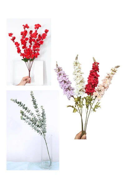 YAPAY ÇİÇEKÇİNİZ Lüks Yapay Çiçek Aranjman Seti – 1 Adet Okaliptus Dalı + 3 Adet Delphinium Çiçeği + 7 Dallı Kırmızı Bahardalı Demeti ürün görseli 1