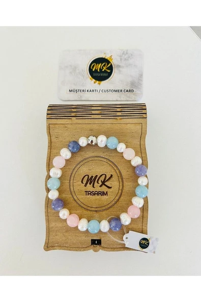 Gerçek Inci -gerçek Mavi,pembe, Mor Kuvars Bileklik | Mktasarım Kutusunda | Mktasarım Müşteri Kartlı ürün görseli 1
