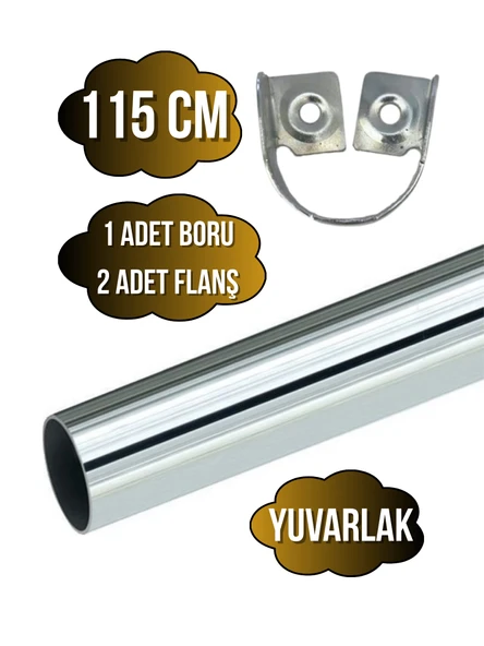 Metal Yuvarlak Krom Mobilya Dolap Askı Borusu(KROM)(2 ADET FLANŞ-1 ADET BORU)(ÇAP:25MM) Krom 115cm ürün görseli 1