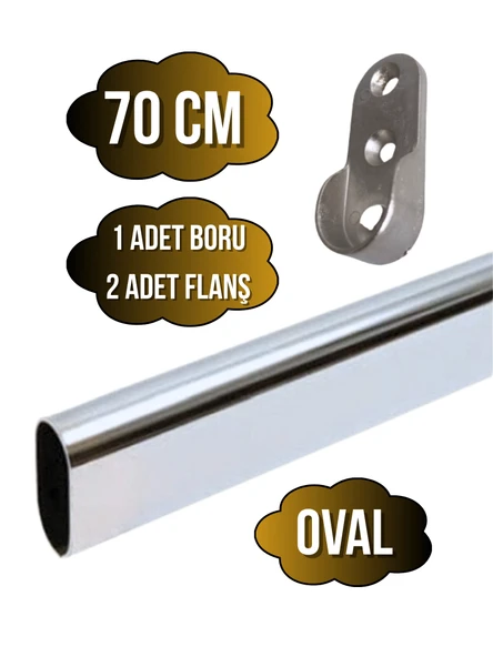 Metal Oval Krom Mobilya Dolap Askı Borusu(KROM)(OVAL)(2 ADET FLANŞ-1 ADET BORU)(BOY:30MM EN:15MM) Krom 70cm ürün görseli 1