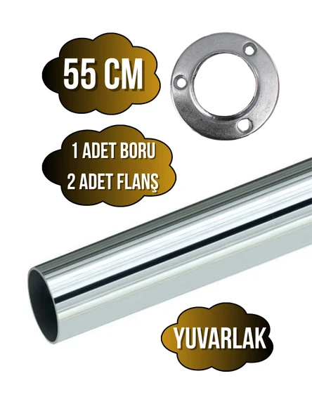 Metal Yuvarlak Krom Mobilya Dolap Askı Borusu(KROM)(2 ADET YUVARLAK FLANŞ-1 ADET BORU)(ÇAP:25MM) Krom 55cm ürün görseli 1