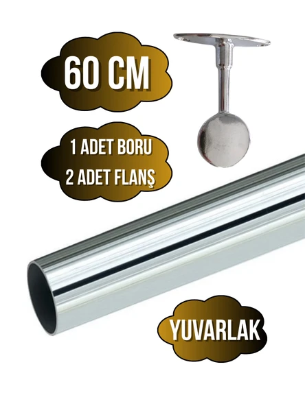 Metal Yuvarlak Krom Mobilya Askı Borusu(KROM)(2 ADET AYAKLI KAPALI FLANŞ-1 ADET BORU)(ÇAP:25MM) Krom 60cm ürün görseli 1