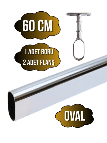 Metal Oval Krom Mobilya Dolap Askı Borusu(KROM)(OVAL)(2 ADET AYAKLI AÇIK FLANŞ-1 ADET BORU) Krom 60cm ürün görseli 1