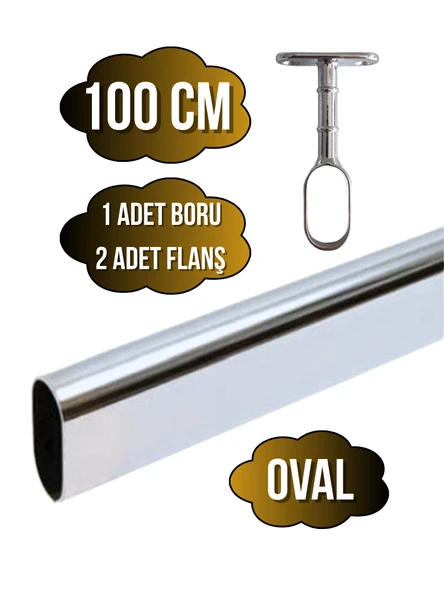 Metal Oval Krom Mobilya Dolap Askı Borusu(KROM)(OVAL)(2 ADET AYAKLI AÇIK FLANŞ-1 ADET BORU) Krom 100cm ürün görseli 1