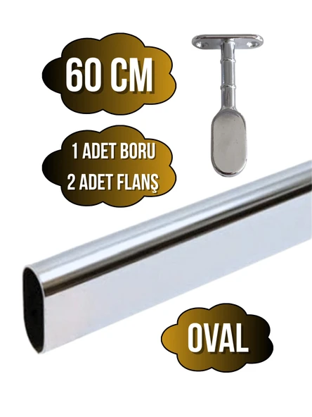 Metal Oval Krom Mobilya Dolap Askı Borusu(KROM)(OVAL)(2 ADET AYAKLI KAPALI FLANŞ-1 ADET BORU) Krom 60cm ürün görseli 1