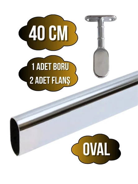 Metal Oval Krom Mobilya Dolap Askı Borusu(KROM)(OVAL)(2 ADET AYAKLI KAPALI FLANŞ-1 ADET BORU) Krom 40cm ürün görseli 1