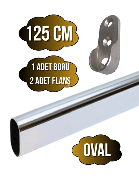 Metal Oval Krom Mobilya Dolap Askı Borusu(KROM)(OVAL)(2 ADET FLANŞ-1 ADET BORU)(BOY:30MM EN:15MM) Krom 125cm ürün görseli 1