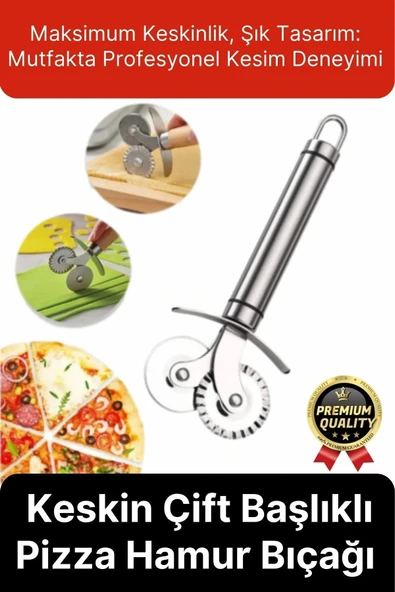 Premium Seri Paslanmaz Çelik Keskin Şekillendirici Kesici Çift Başlıklı Pizza Mantı Hamur Bıçağı ürün görseli 1