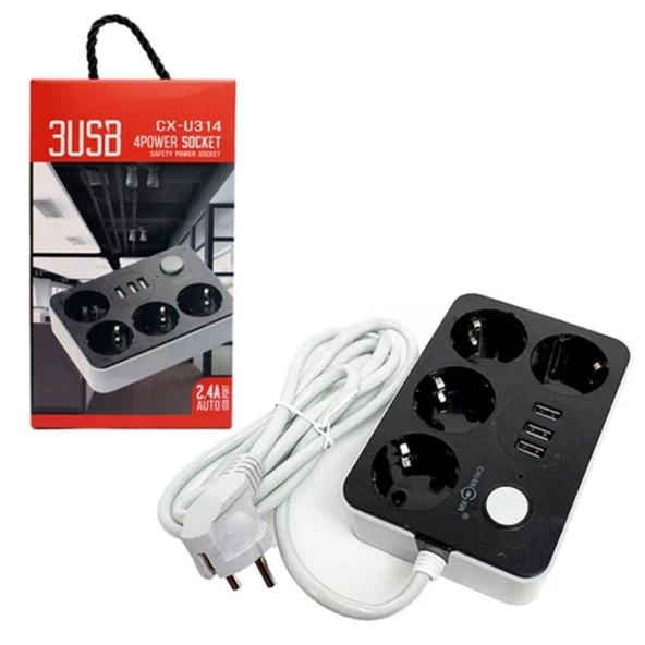 Akım Koruyuculu 3USB Port Hızlı Şarjlı 4Lü Priz ürün görseli 1