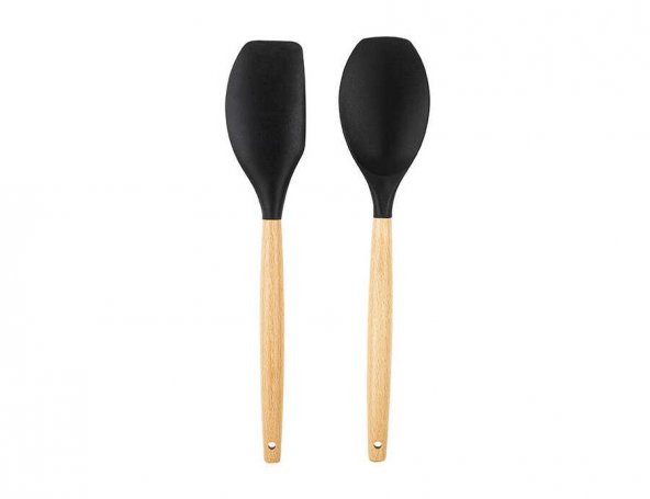 TANTİTONİ BAMBU SAPLI SİYAH RENKLİ SİLİKON BÜYÜK KAŞIK VE SPATULA SETİ ürün görseli 1