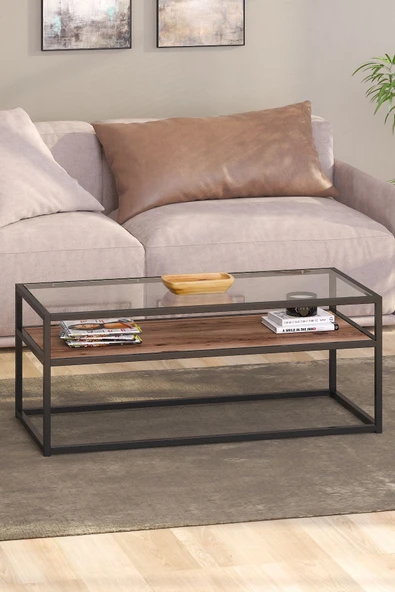TOLIAHOME Modern Ceviz Siyah Renk Metal Iskeletli Temper Camlı 2 Katlı Dikdörtgen Orta Sehpa ürün görseli 1