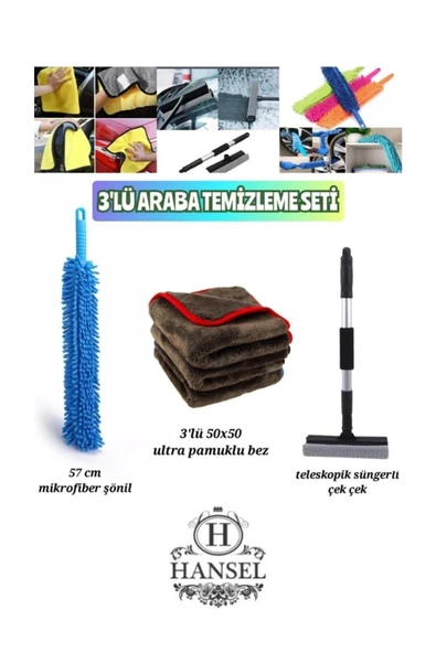 3'lü Araba Temizleme Seti Mikrofiber Şönil - 3'lü 50x50 Ultra Pamuklu Bez- Teleskopik Çek Çek ürün görseli 1