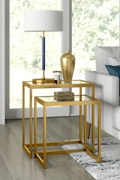 TOLIAHOME Modern Gold Renk Metal İskeletli Temper Camlı Zigon Sehpa Yan Sehpa ürün görseli 1