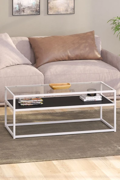 TOLIAHOME Modern Siyah-Beyaz Renk Metal İskeletli Temper Camlı 2 Katlı Dikdörtgen Orta Sehpa ürün görseli 1