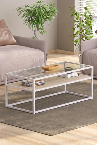 TOLIAHOME Modern Endülüs Beyaz Renk Metal Iskeletli Temper Camlı 2 Katlı Dikdörtgen Orta Sehpa ürün görseli 1