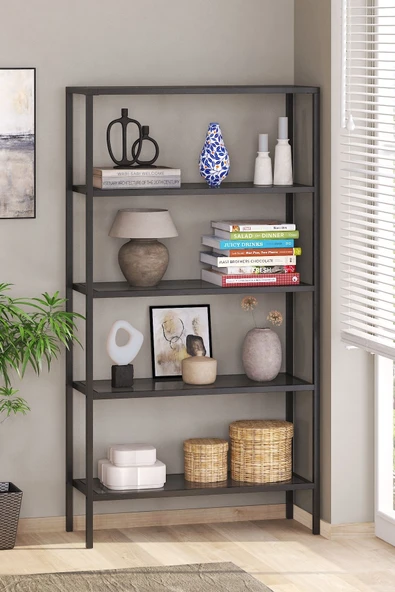 TOLIAHOME Modern 5 Katlı Siyah Renk Metal İskeletli Füme Cam Raflı Aksesuar Rafı Kitaplık ürün görseli 1