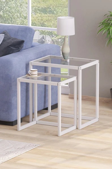 TOLIAHOME Modern Beyaz Renk Metal İskeletli Temper Camlı Zigon Sehpa Yan Sehpa ürün görseli 1