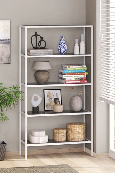 TOLIAHOME Modern 5 Katlı Beyaz Renk Metal İskeletli Füme Cam Raflı Aksesuar Rafı Kitaplık ürün görseli 1