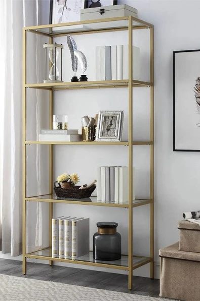 TOLIAHOME Modern 5 Katlı Gold Renk Metal İskeletli Cam Raflı Aksesuar Rafı Kitaplık ürün görseli 1