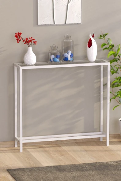 TOLIAHOME Modern Beyaz Renk Metal İskeletli Temper Camlı Raflı Dresuar Konsol ürün görseli 1