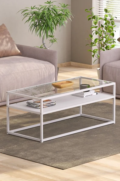 TOLIAHOME Modern Beyaz Renk Metal İskeletli Temper Camlı 2 Katlı Dikdörtgen Orta Sehpa ürün görseli 1