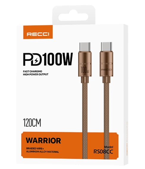 Recci RS08CC Warrior Serisi Type-C to Type-C 100W Hızlı Şarj Özellikli Data ve Şarj Kablosu 1.2M ürün görseli 1