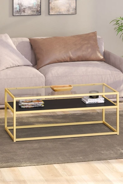 TOLIAHOME Modern Siyah-Gold Renk Metal İskeletli Temper Camlı 2 Katlı Dikdörtgen Orta Sehpa ürün görseli 1