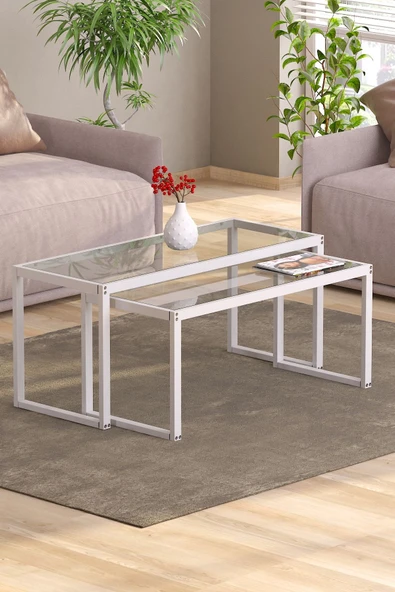 TOLIAHOME Modern Beyaz Renk 2’li Metal Iskeletli Temper Camlı Zigon Orta Sehpa ürün görseli 1