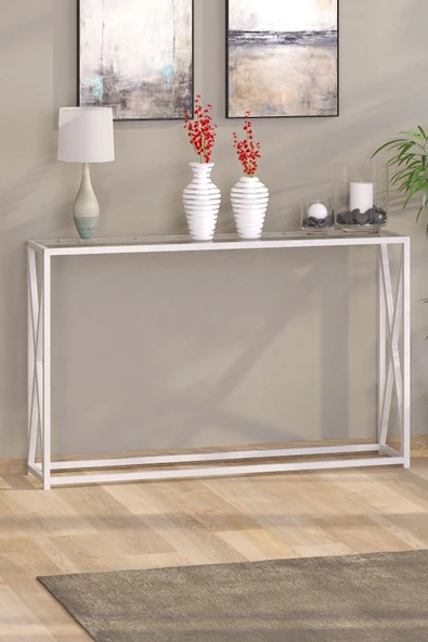 TOLIAHOME Modern Beyaz Renk Metal İskeletli Temper Camlı Raflı Dresuar Konsol ürün görseli 1