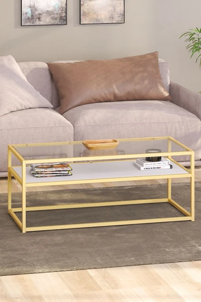 TOLIAHOME Modern Beyaz Gold Renk Metal Iskeletli Temper Camlı 2 Katlı Dikdörtgen Orta Sehpa ürün görseli 1