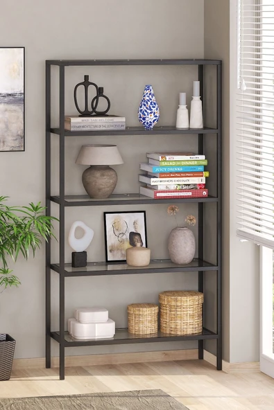 TOLIAHOME Modern 5 Katlı Siyah Renk Metal İskeletli Cam Raflı Aksesuar Rafı Kitaplık ürün görseli 1