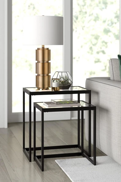 TOLIAHOME Modern Siyah Renk Metal İskeletli Temper Camlı Zigon Sehpa Yan Sehpa ürün görseli 1
