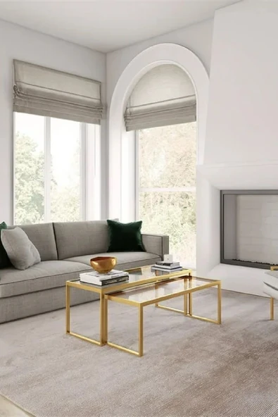 TOLIAHOME Modern Gold Renk 2’li Metal İskeletli Temper Camlı Zigon Orta Sehpa ürün görseli 1